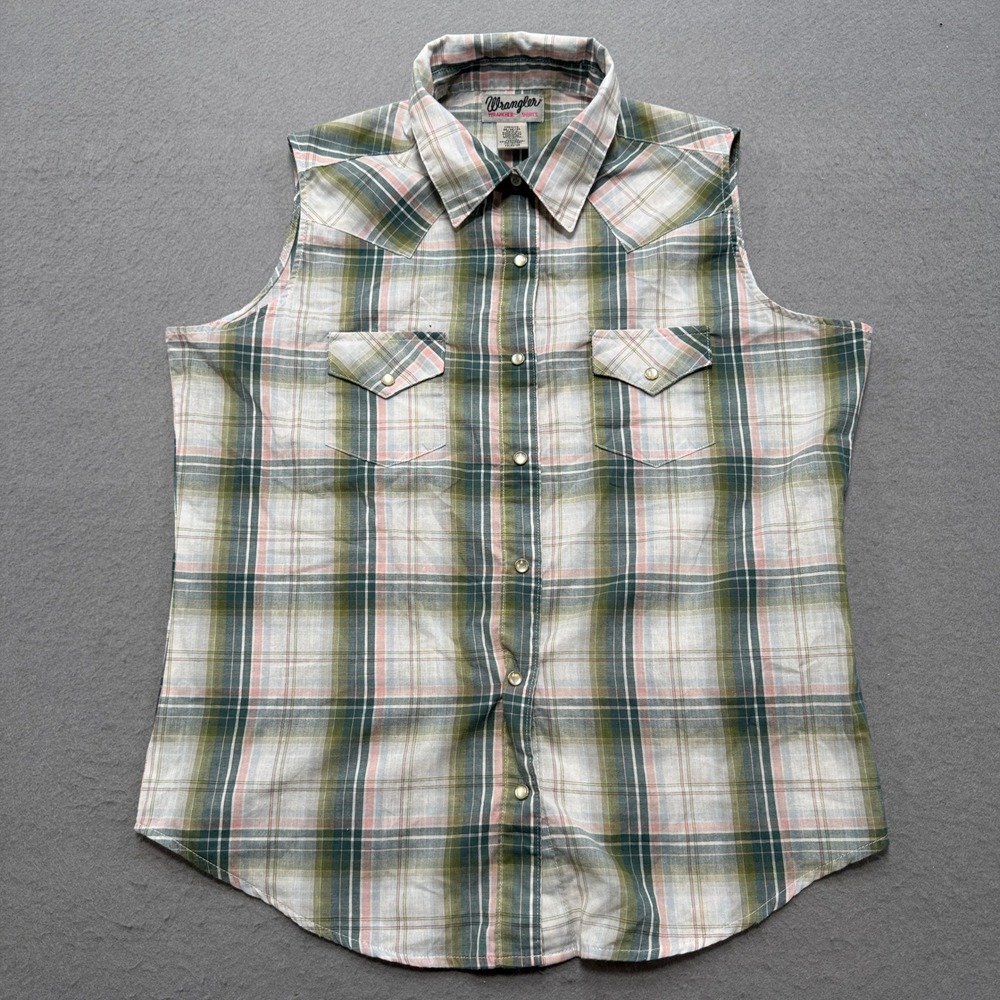 Wrangler Wrancher Shirt Women's Medium Green Plaid Pearl Snap Sleeveless Classic